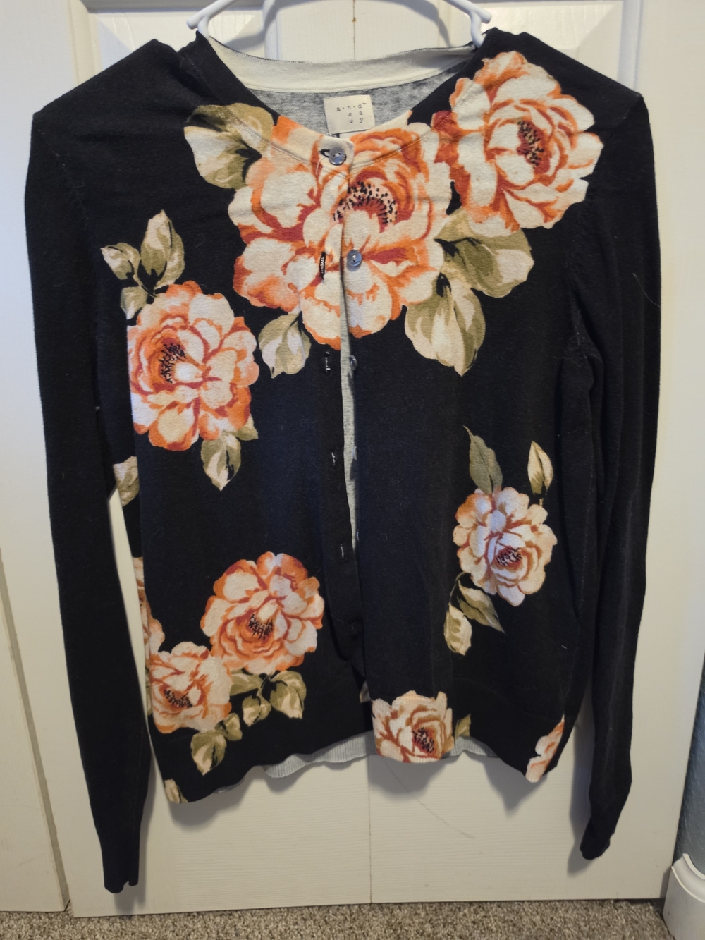 a new day Black Cardigan with Orange Floral Print